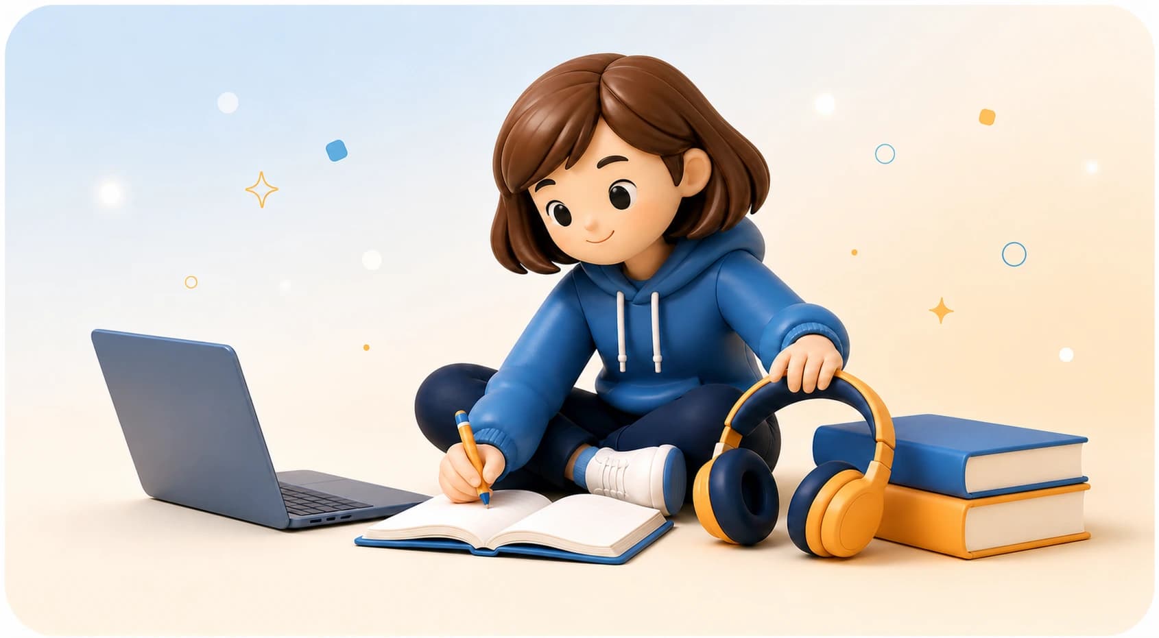 A student studying with a laptop, notebook, and headphones